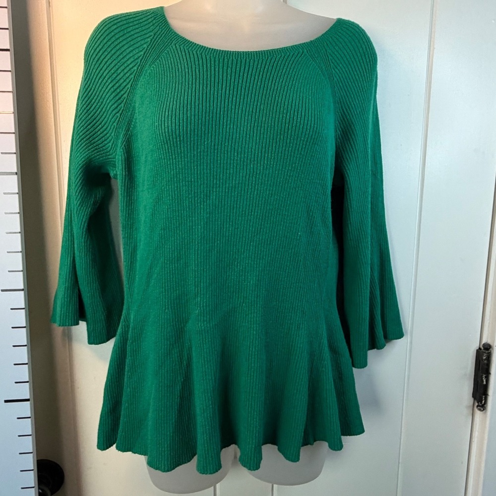 Lands' End Green Chunky Cable Knit Scoop Neck Bell Sleeves Sweater Women Large
